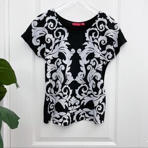 Elle Damask Dressy Top Black White XS
